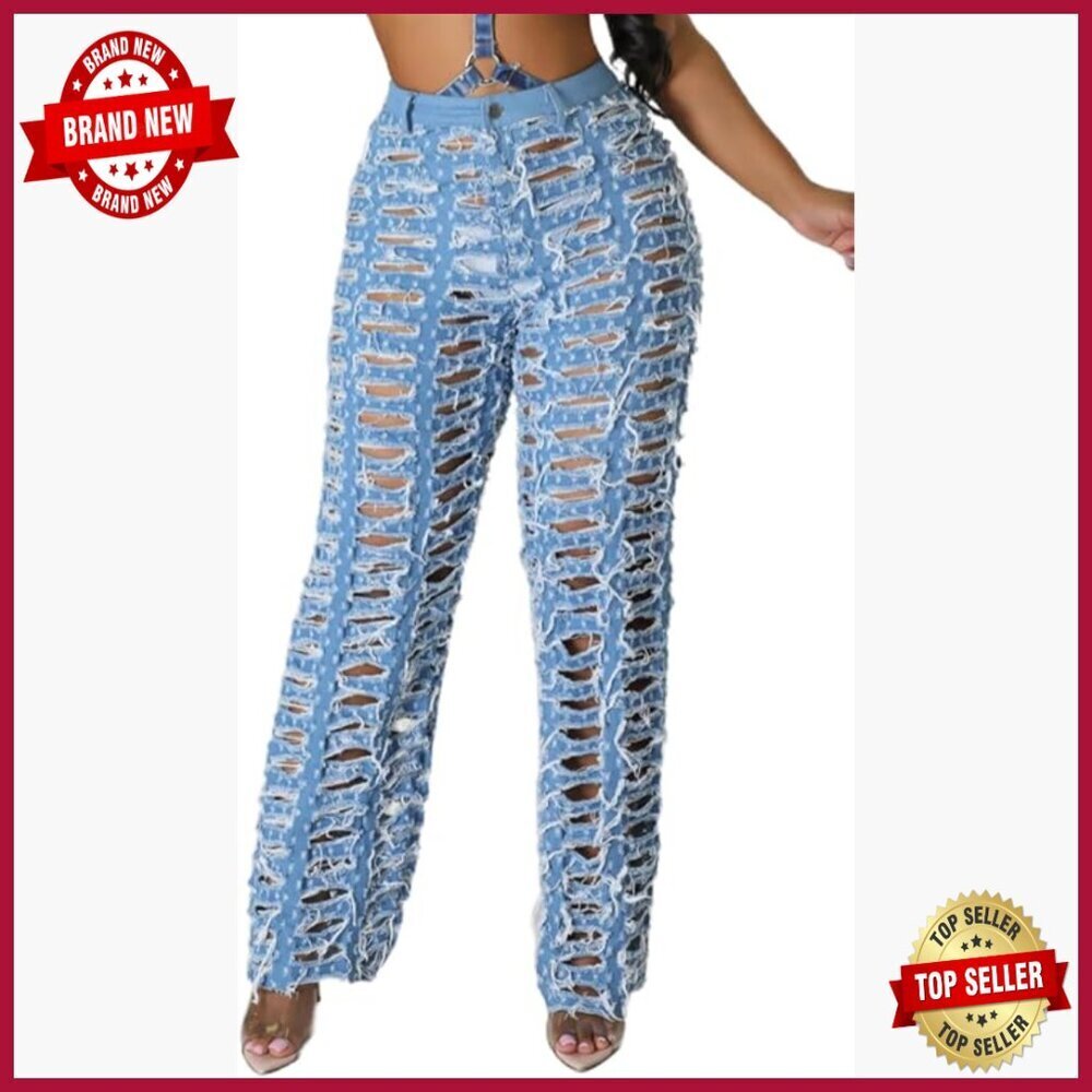 Distressed Ripped Jeans Elastic Waist Straight Leg Denim Pants